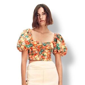 Zara Women’s Puff Sleeve Sweetheart Neck Smocked Cropped Floral Top Boho Orange
